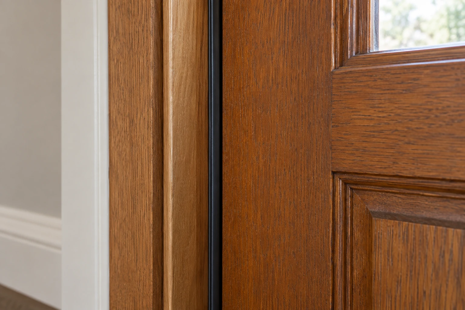 Dark compressible weatherstrip seated continuously against a wooden exterior door jamb