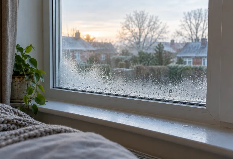 Winter window with condensation on its room-facing glass and water on the inner sill