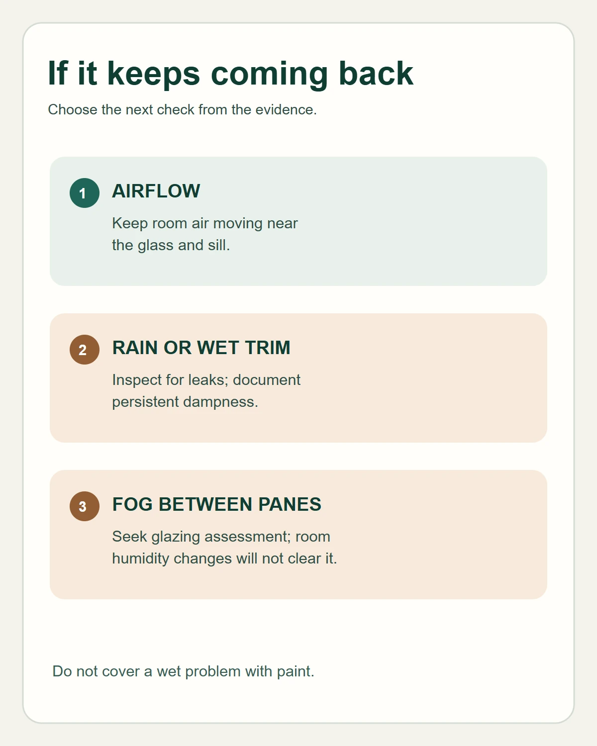 Decision checklist for improving air movement at a window and assessing trapped fog or recurring wet trim